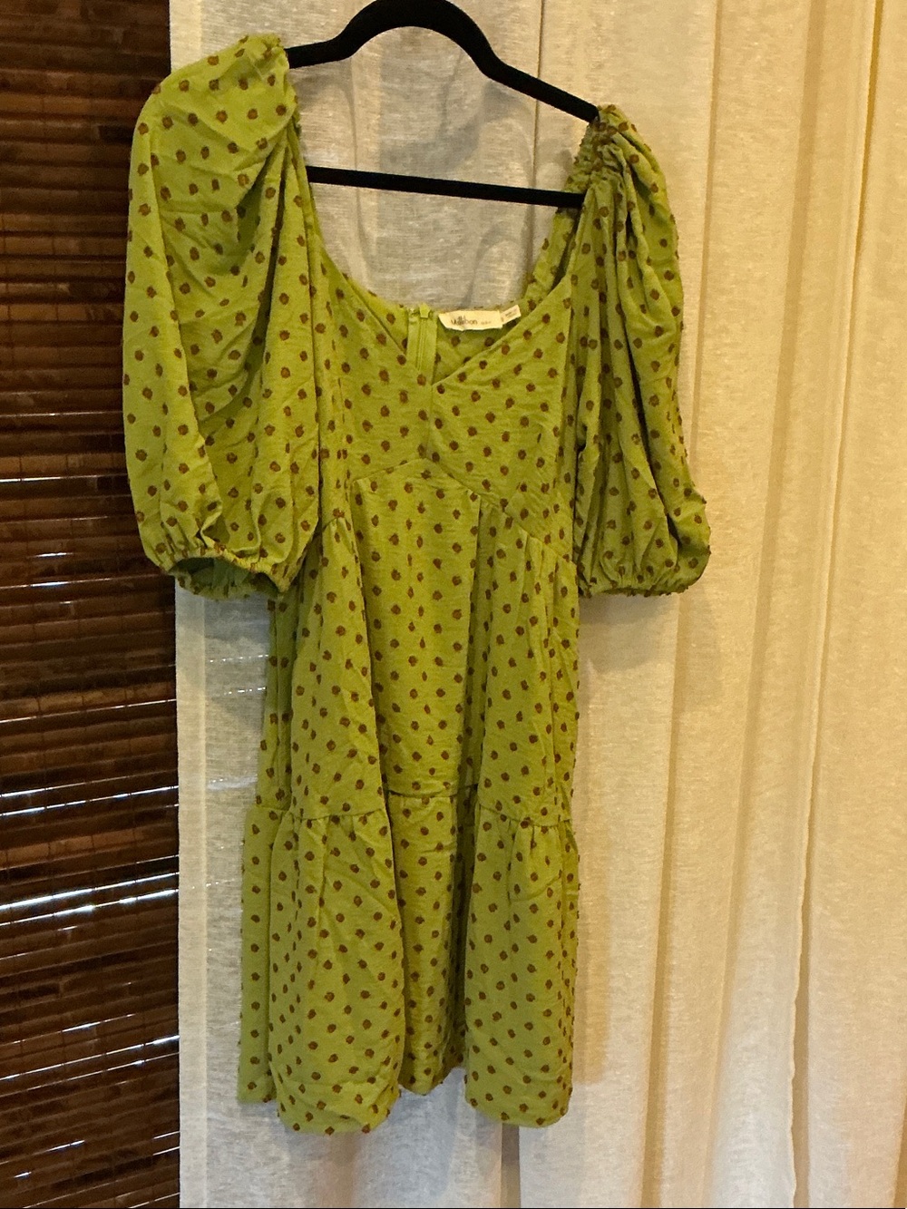 Millibon lime green mini dress with brown dot embroidery
